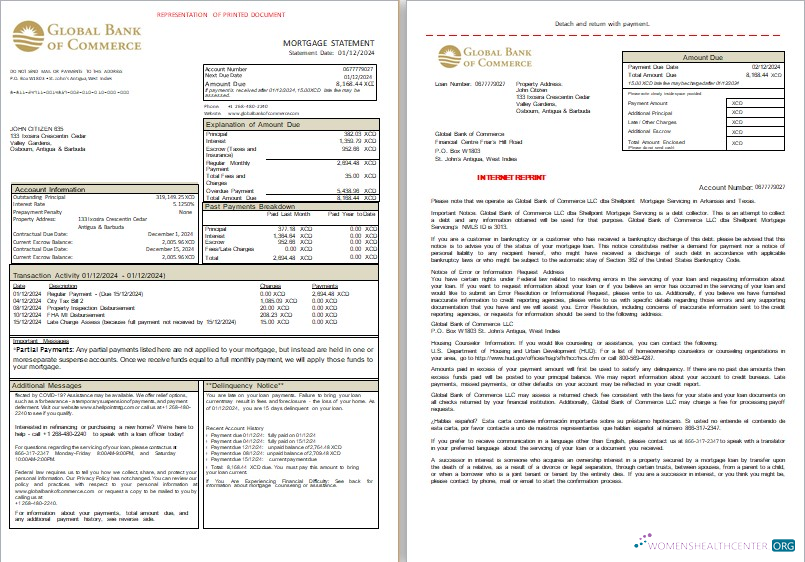 Antigua and Barbuda Global Bank of Commerce bank mortgage statement, 3 pages, 1 2 scr